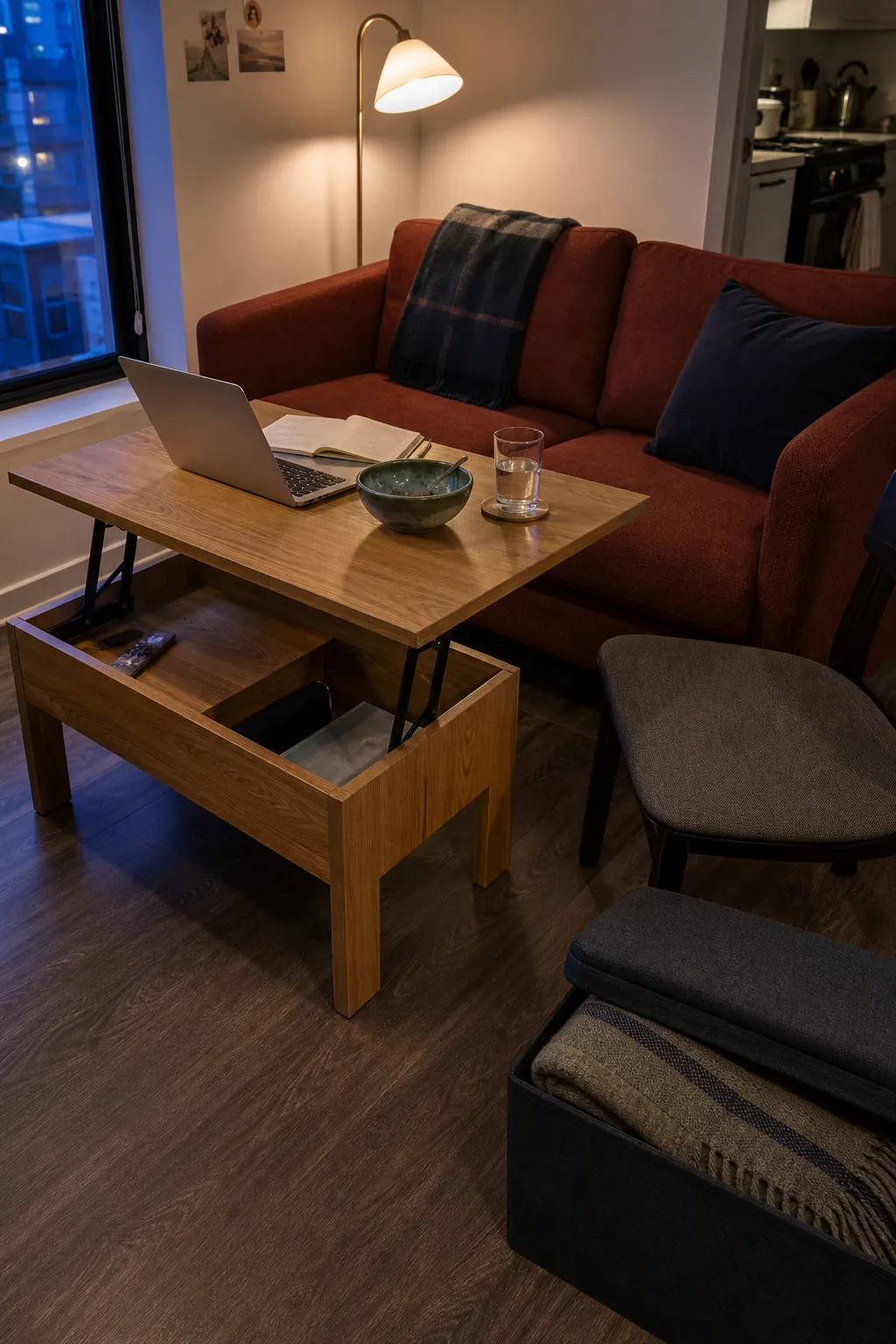 Multifunctional furniture in a small apartment with a lift-top table and storage ottoman