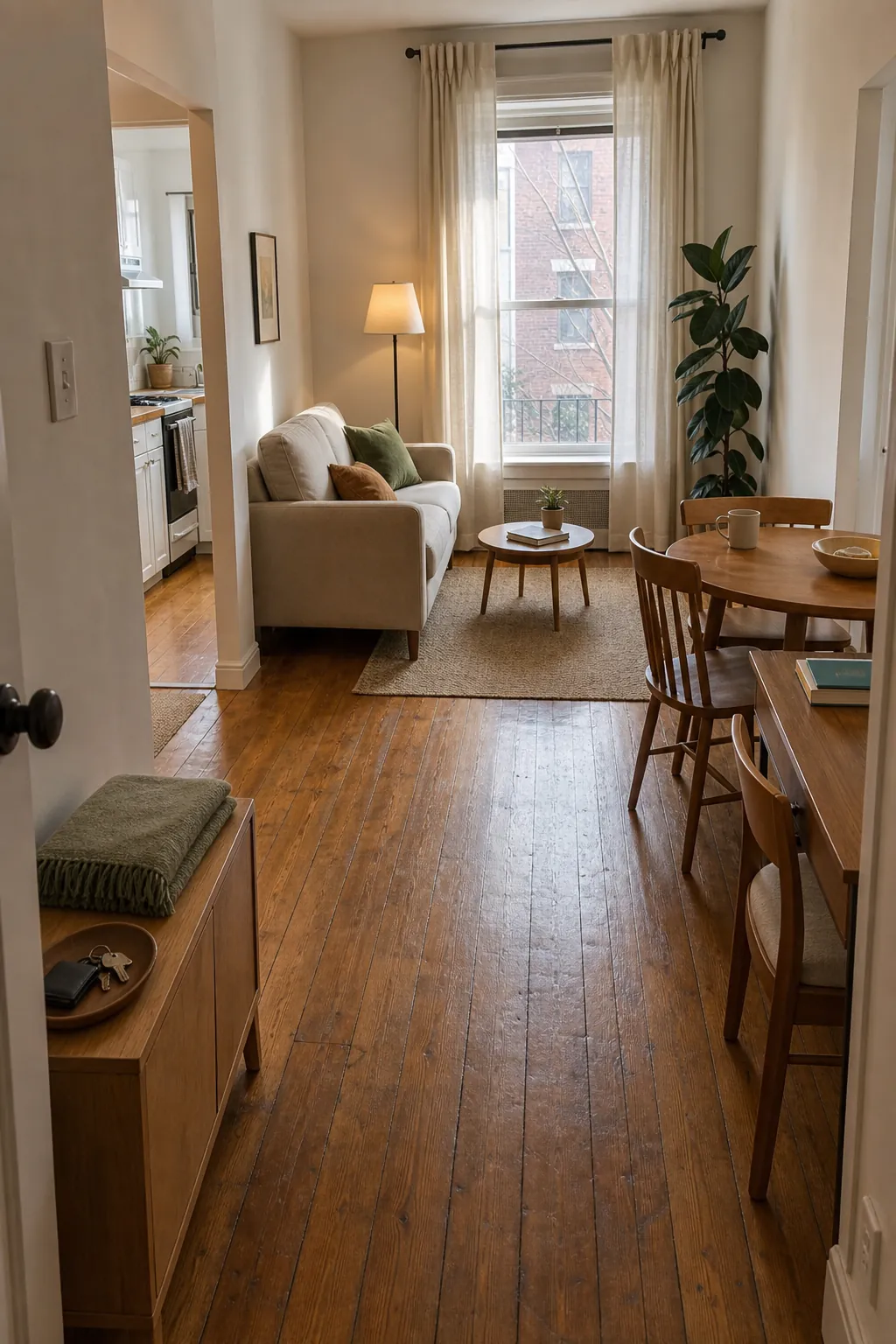 Warm and functional small apartment interior with clearly defined living zones
