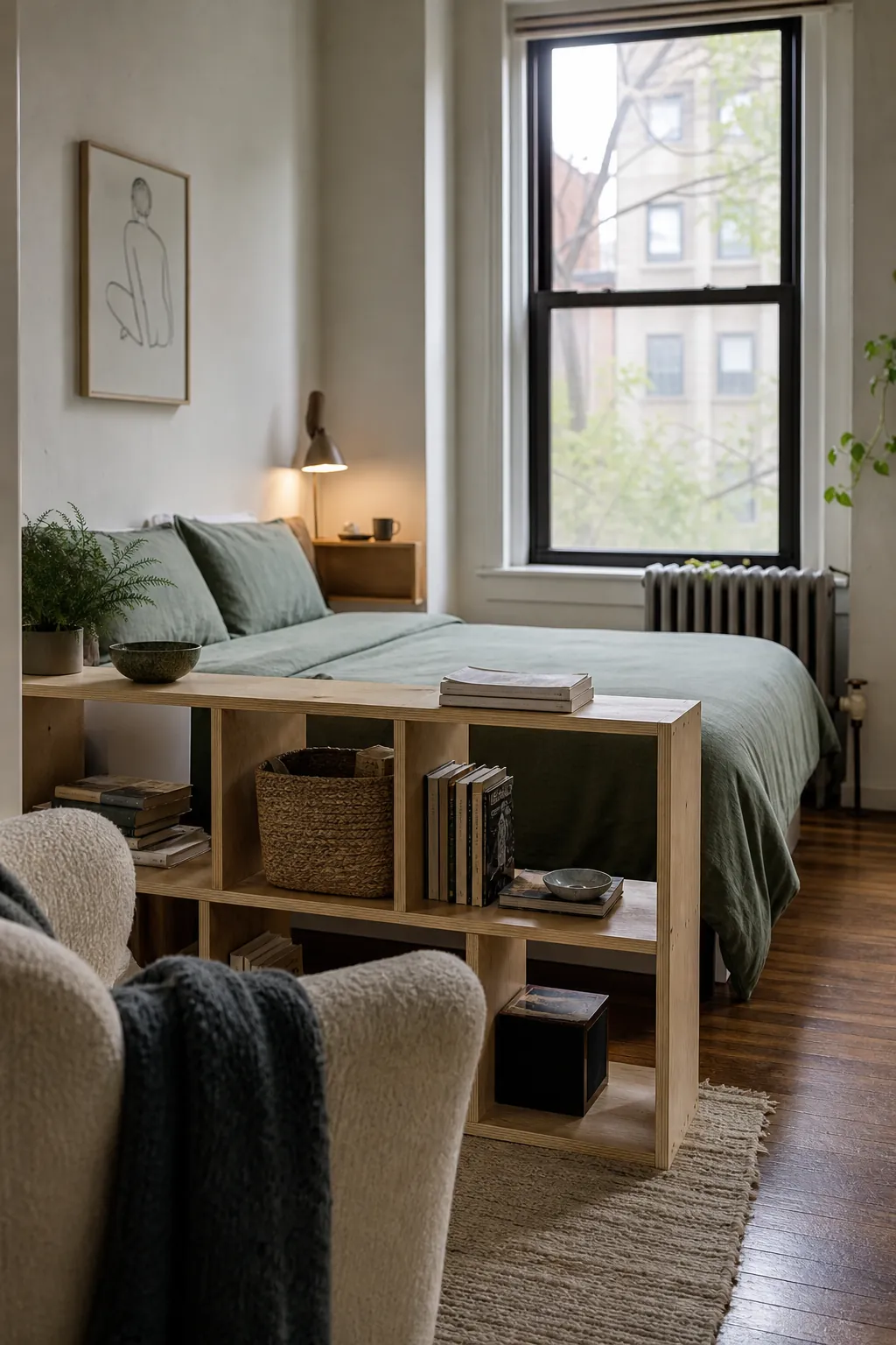 Very small studio apartment divided into sleeping and living zones with a low open shelf