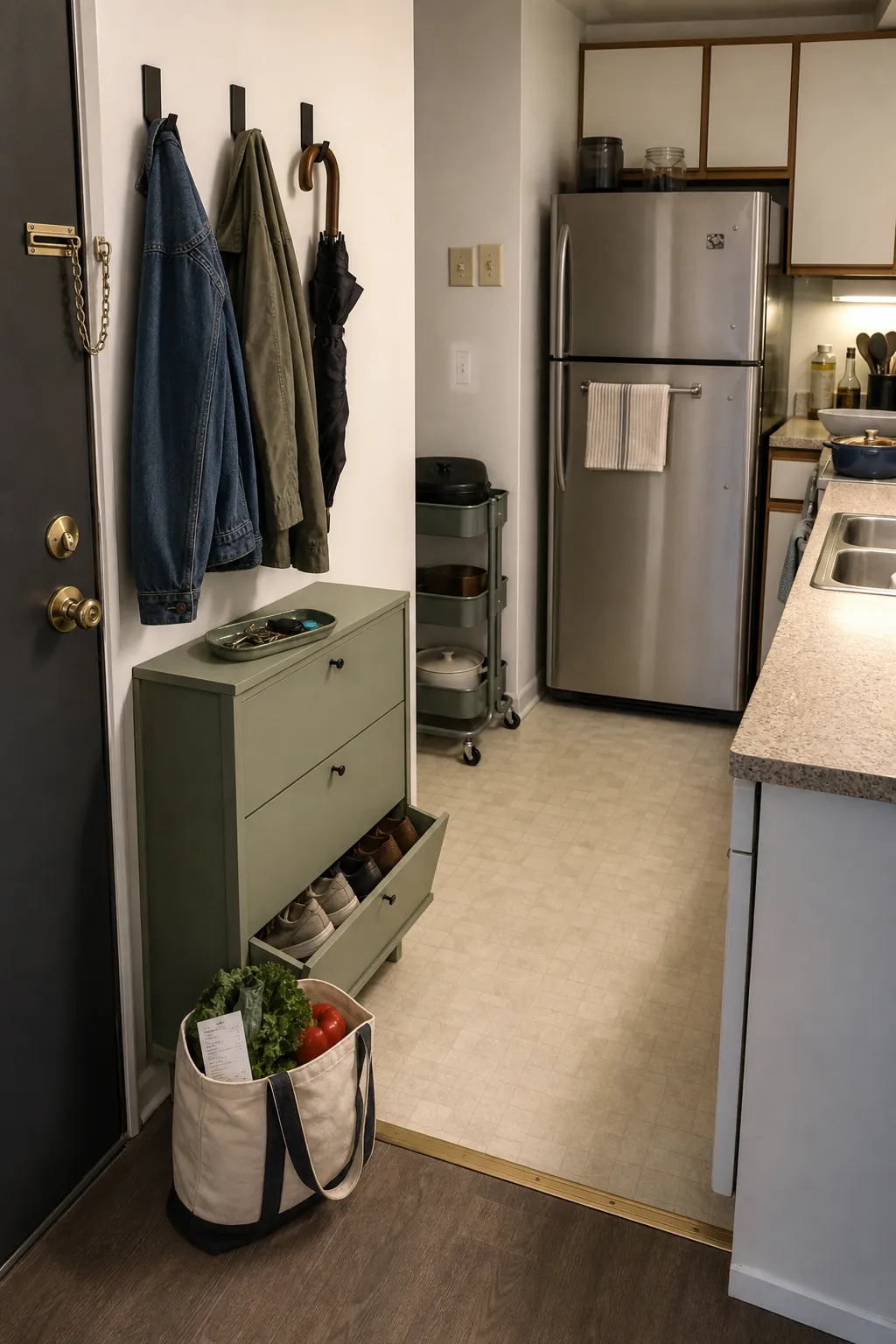 Renter-friendly small apartment entry and compact kitchen with organized landing zones