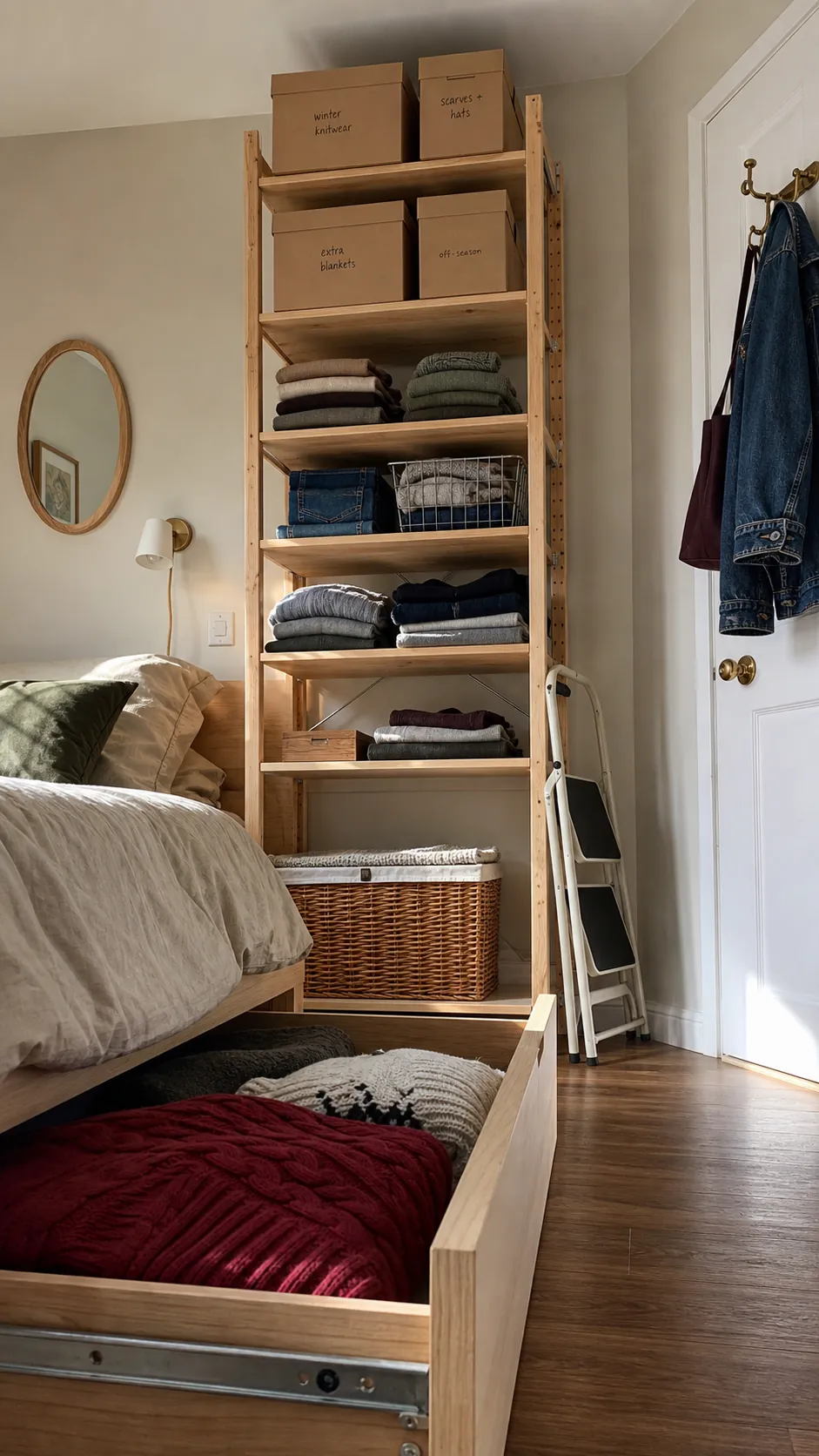 Little apartment decor with practical vertical storage and labeled everyday zones