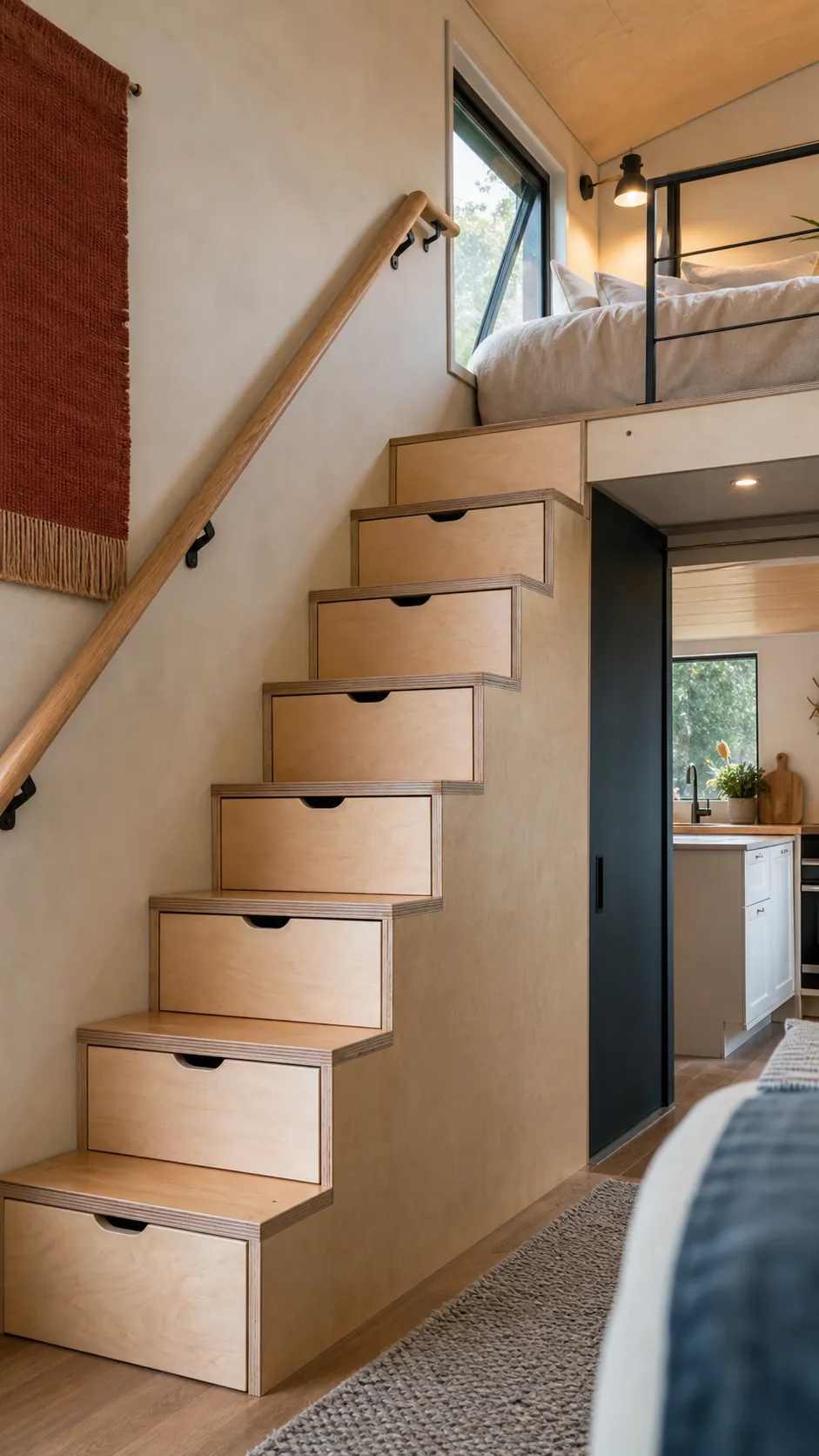 Tiny house loft with safe storage stairs, handrail, and practical headroom