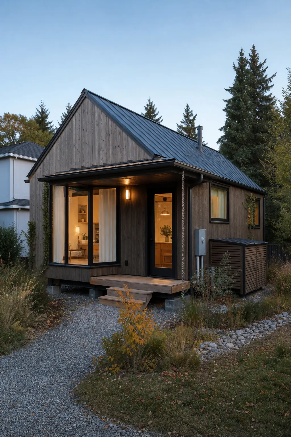 Small modern tiny house with a warm functional interior visible through large windows