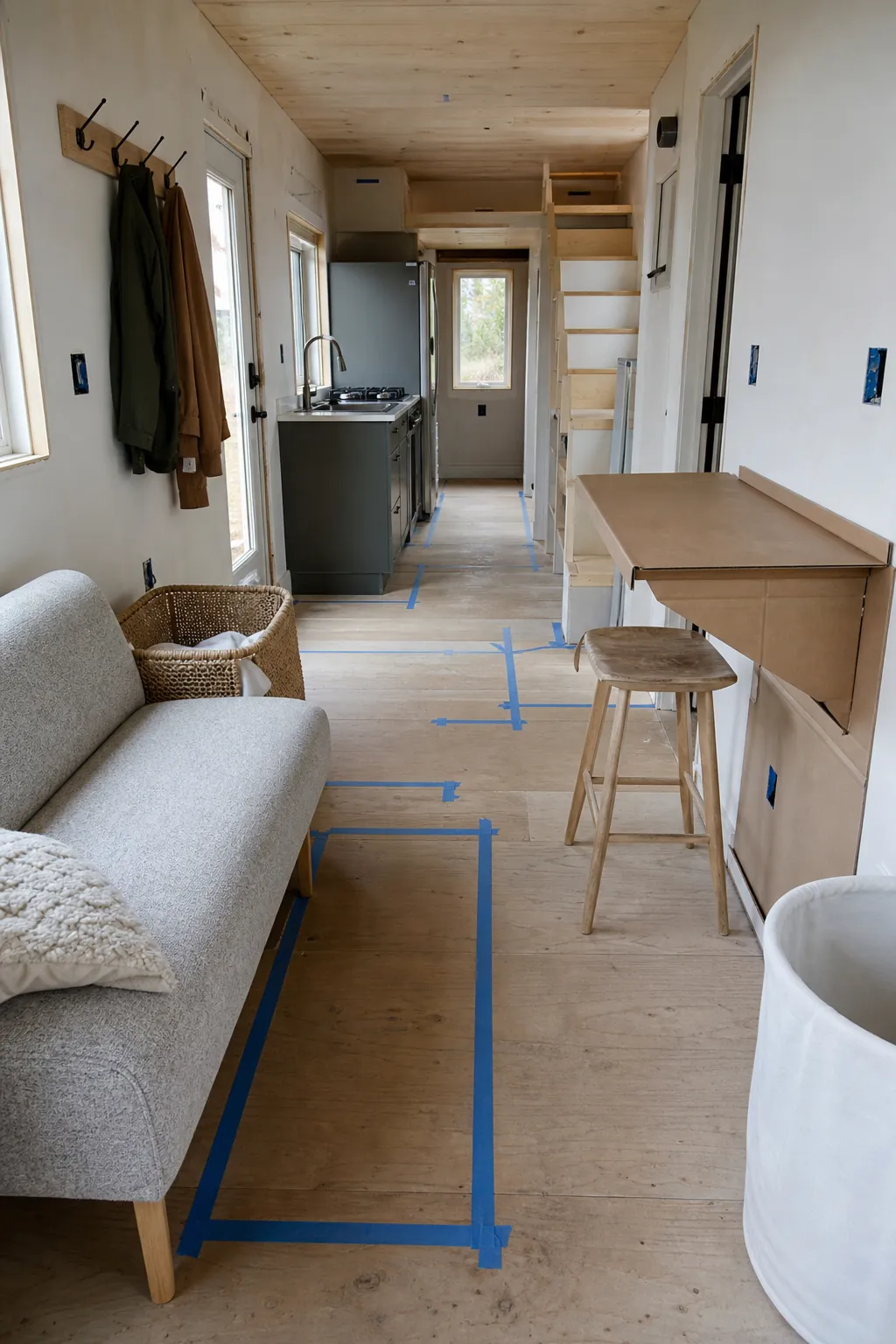 Simple tiny house interior planned with clear full-scale living zones
