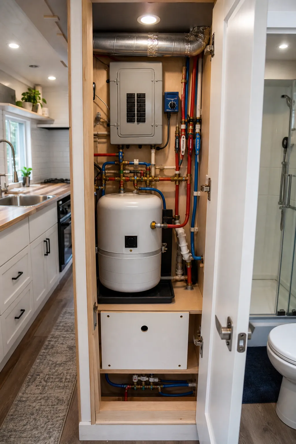 Tiny house kitchen and bathroom arranged around a compact accessible mechanical core