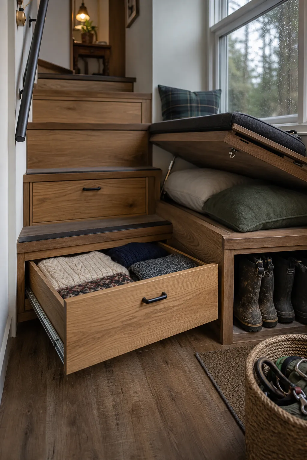 Tiny home living storage integrated into safe stairs and a built-in bench