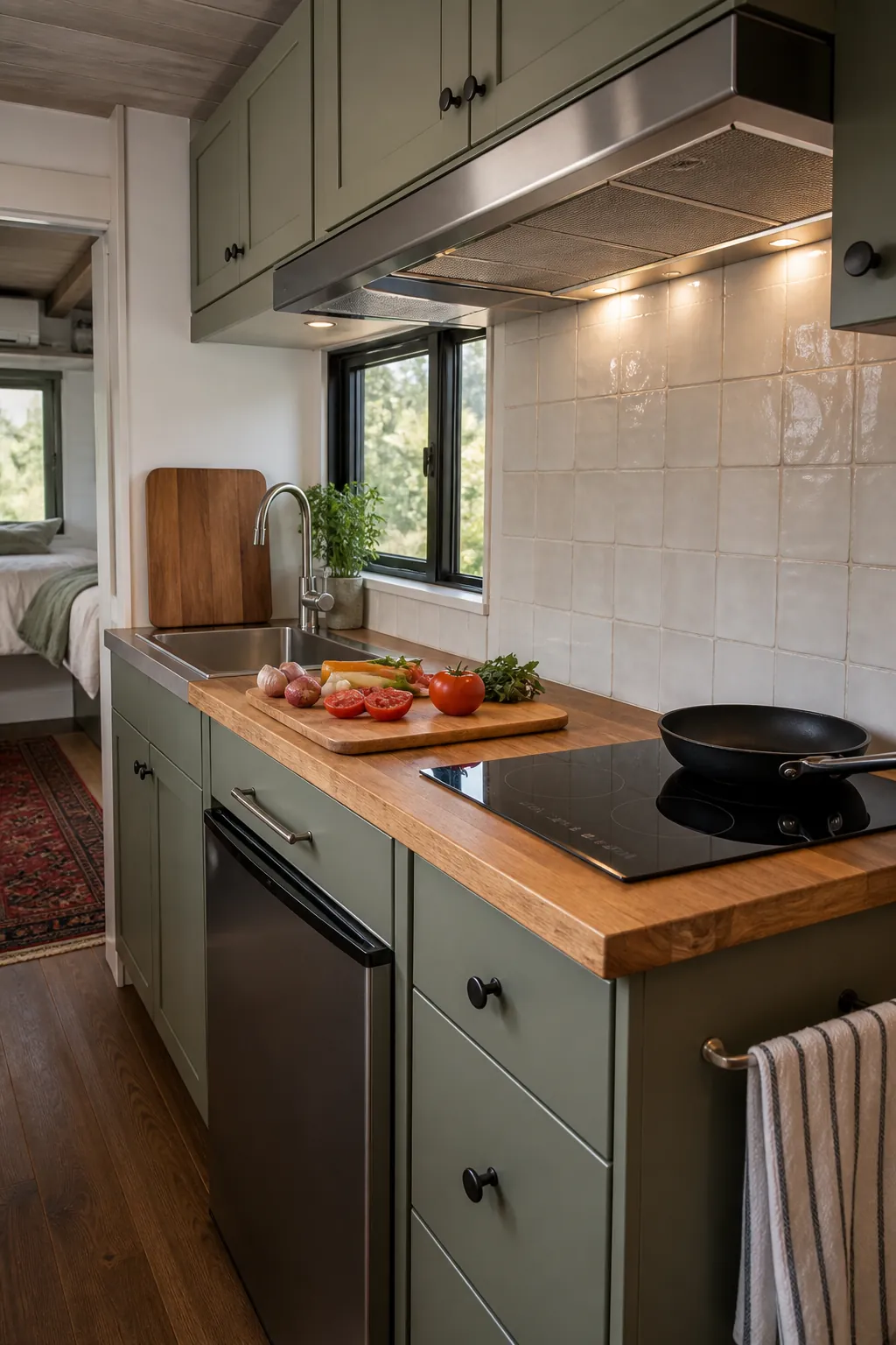 Compact tiny house kitchen with a clear prep counter and practical ventilation