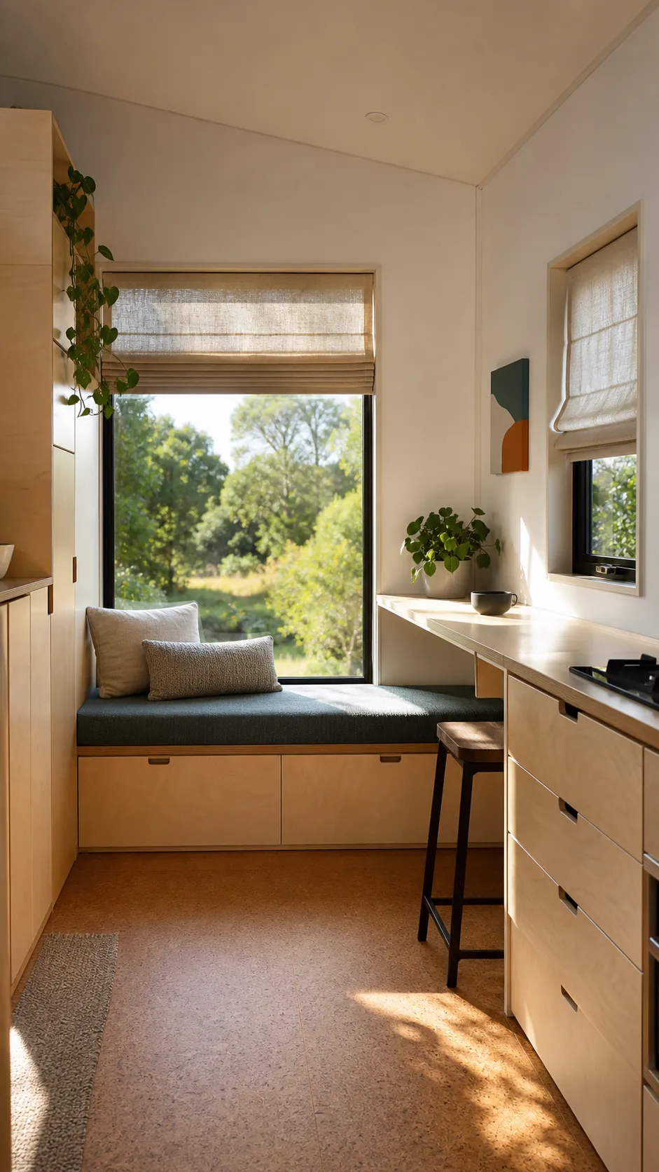 Tiny house interior design ideas using purposeful windows and durable natural materials
