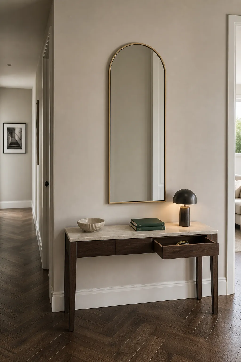 Proportional arched gold mirror centered over a narrow entryway console table