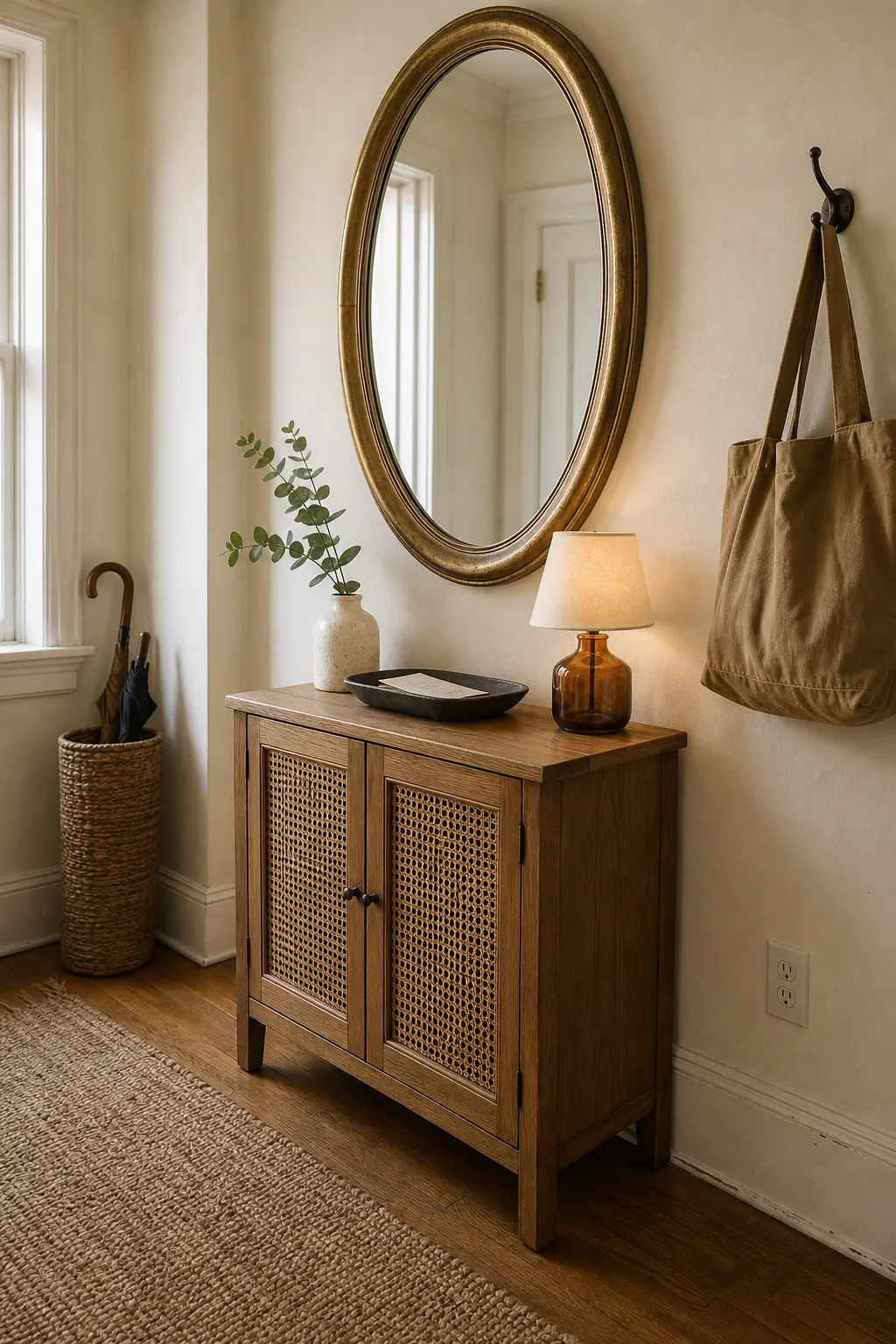 A softly aged brass gold mirror above a warm wood entryway console