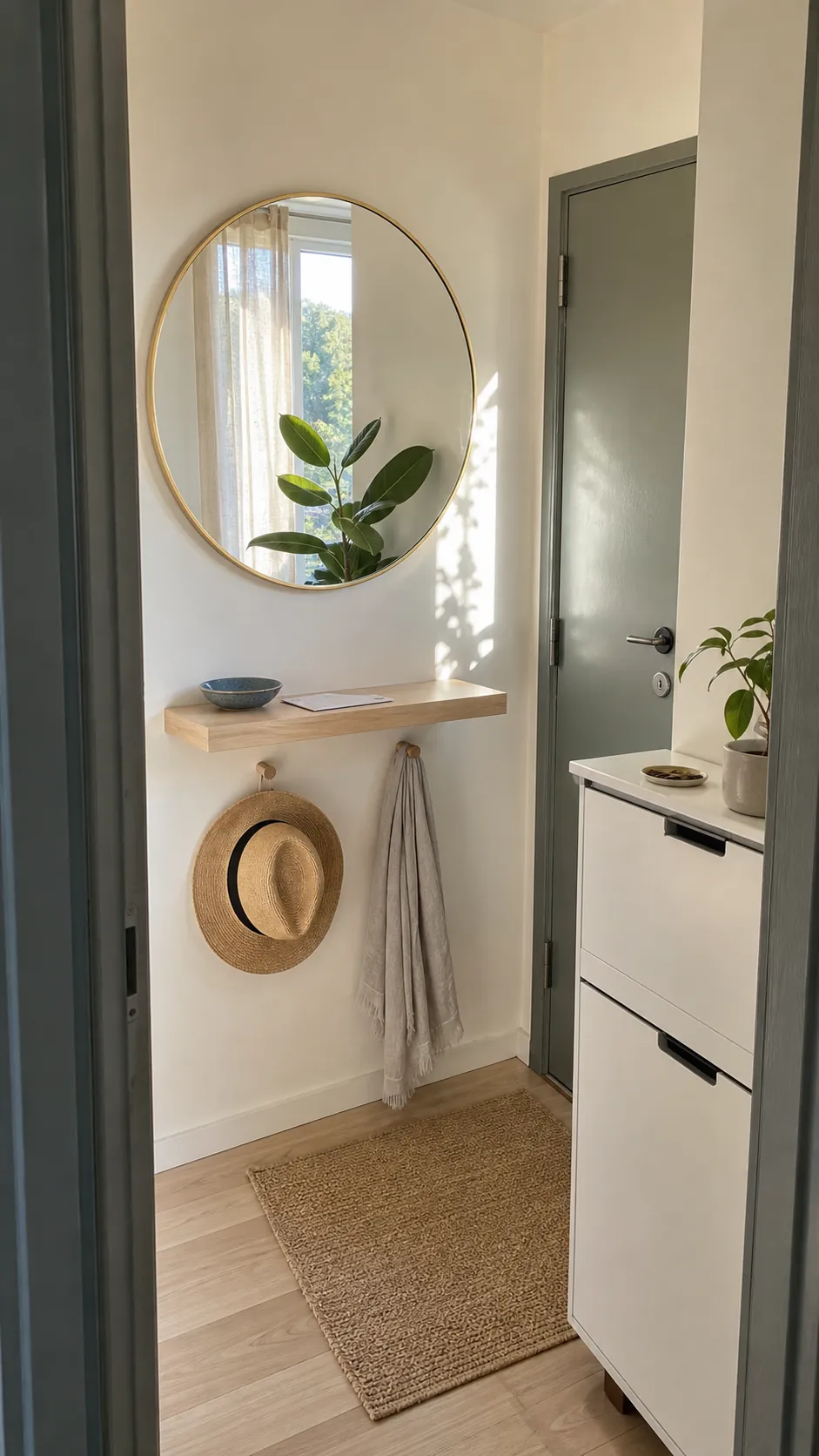 Gold entryway mirror reflecting natural daylight and greenery in a small foyer