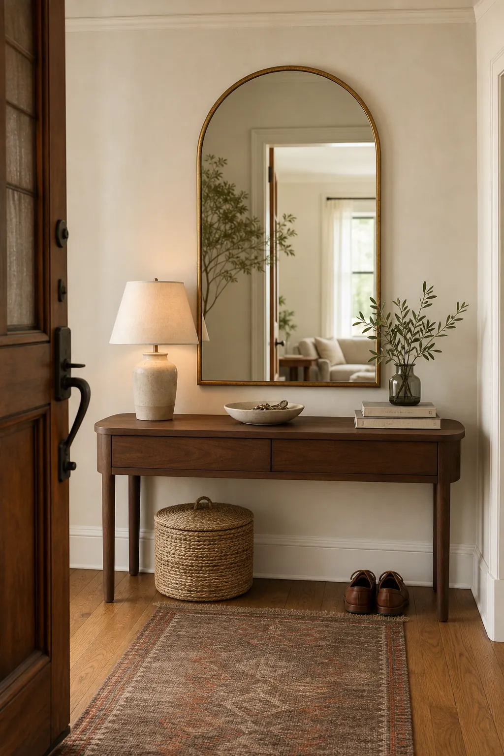 Warm entryway with an elegant aged gold mirror and walnut console
