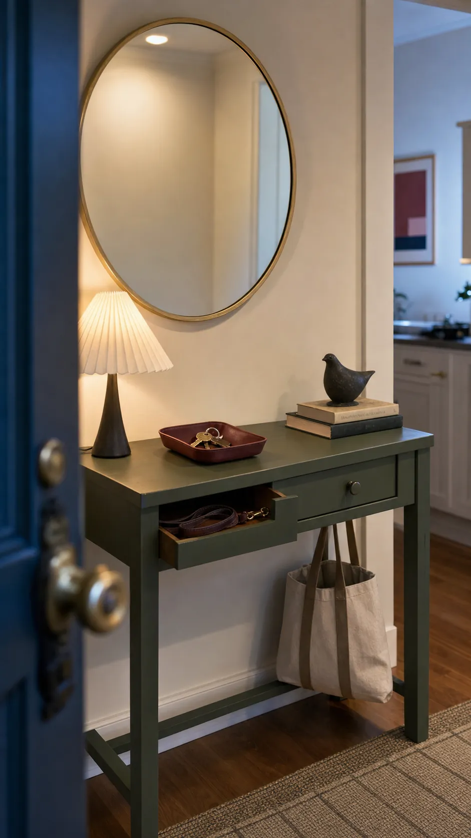 Asymmetrical console table decor beneath a round gold entryway mirror