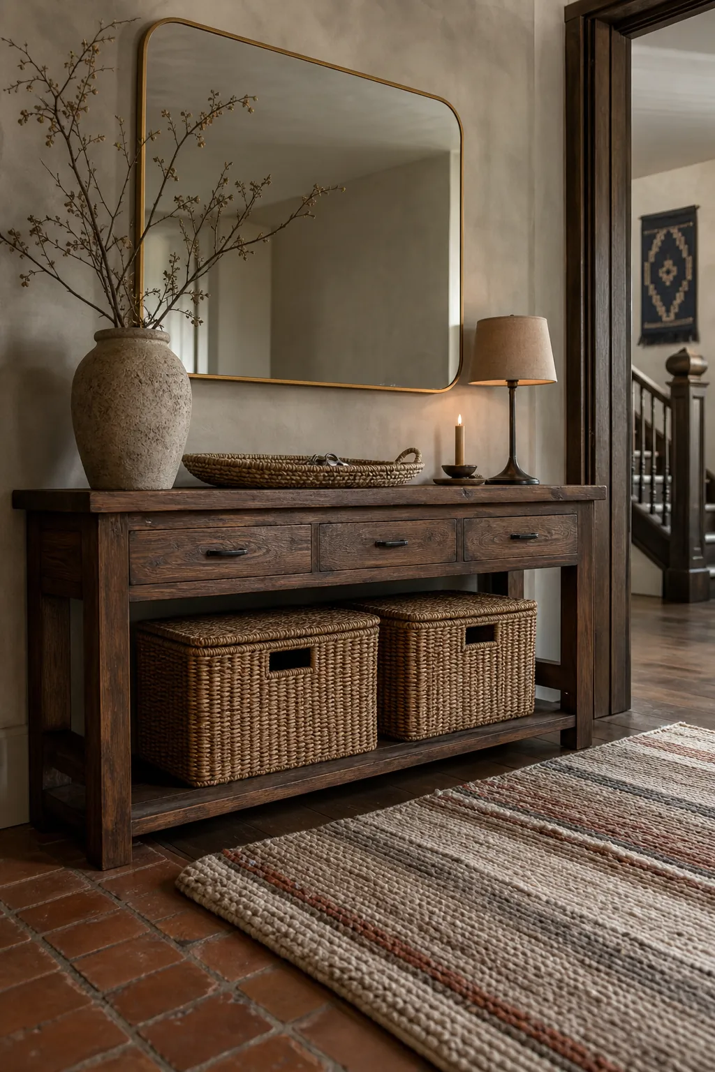 Gold mirror styled with a walnut console woven runner and tactile foyer decor