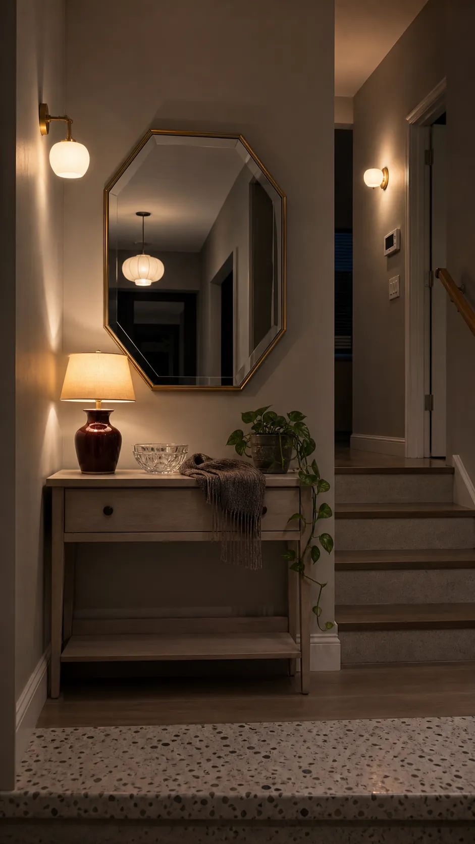 Gold mirror warmed by layered entryway lighting at night