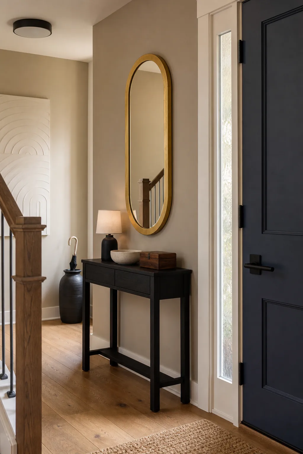 Warm foyer combining a gold mirror black hardware and subtle mixed metal accents