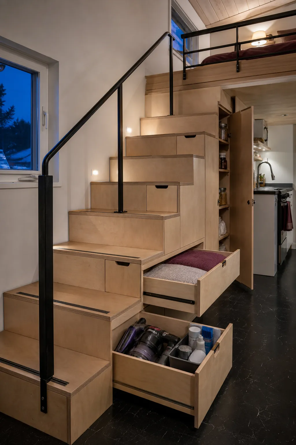 Safe wooden tiny house stairs with deep built-in storage and step lighting