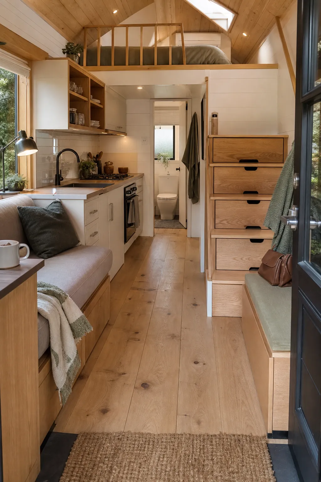 Warm and practical small tiny house interior with loft, kitchen, and built-in storage