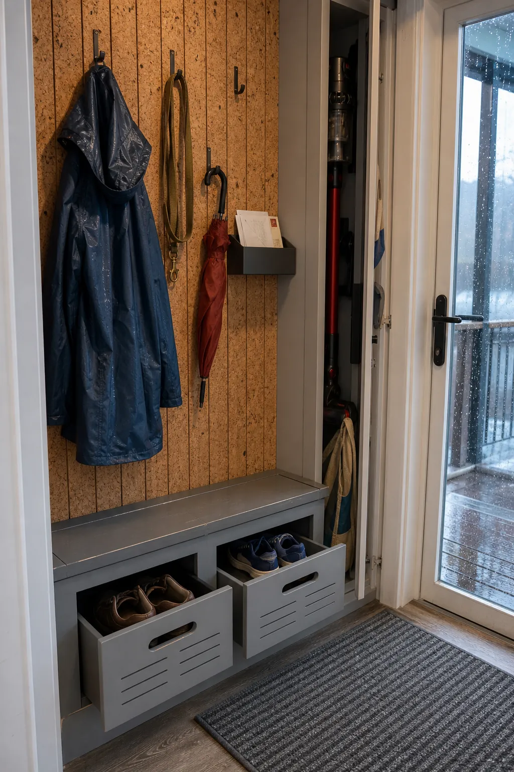 Compact tiny house entry with shoe drawers hooks and practical daily storage
