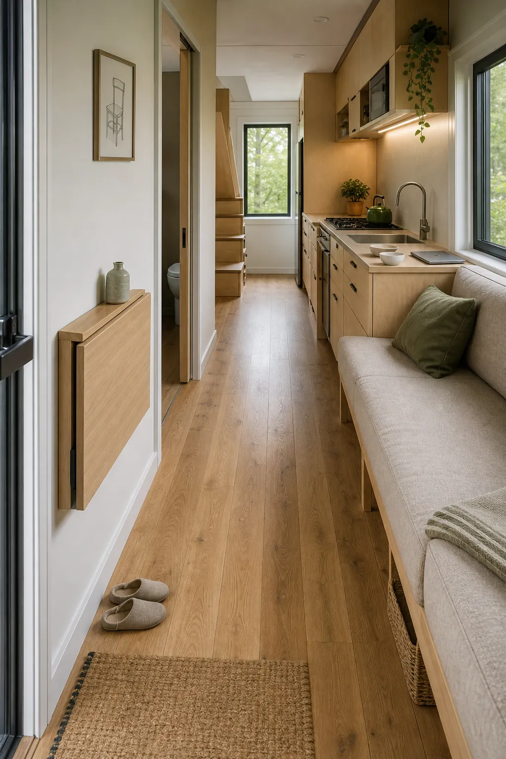 Small tiny house interior with a clear walking lane between living room and kitchen