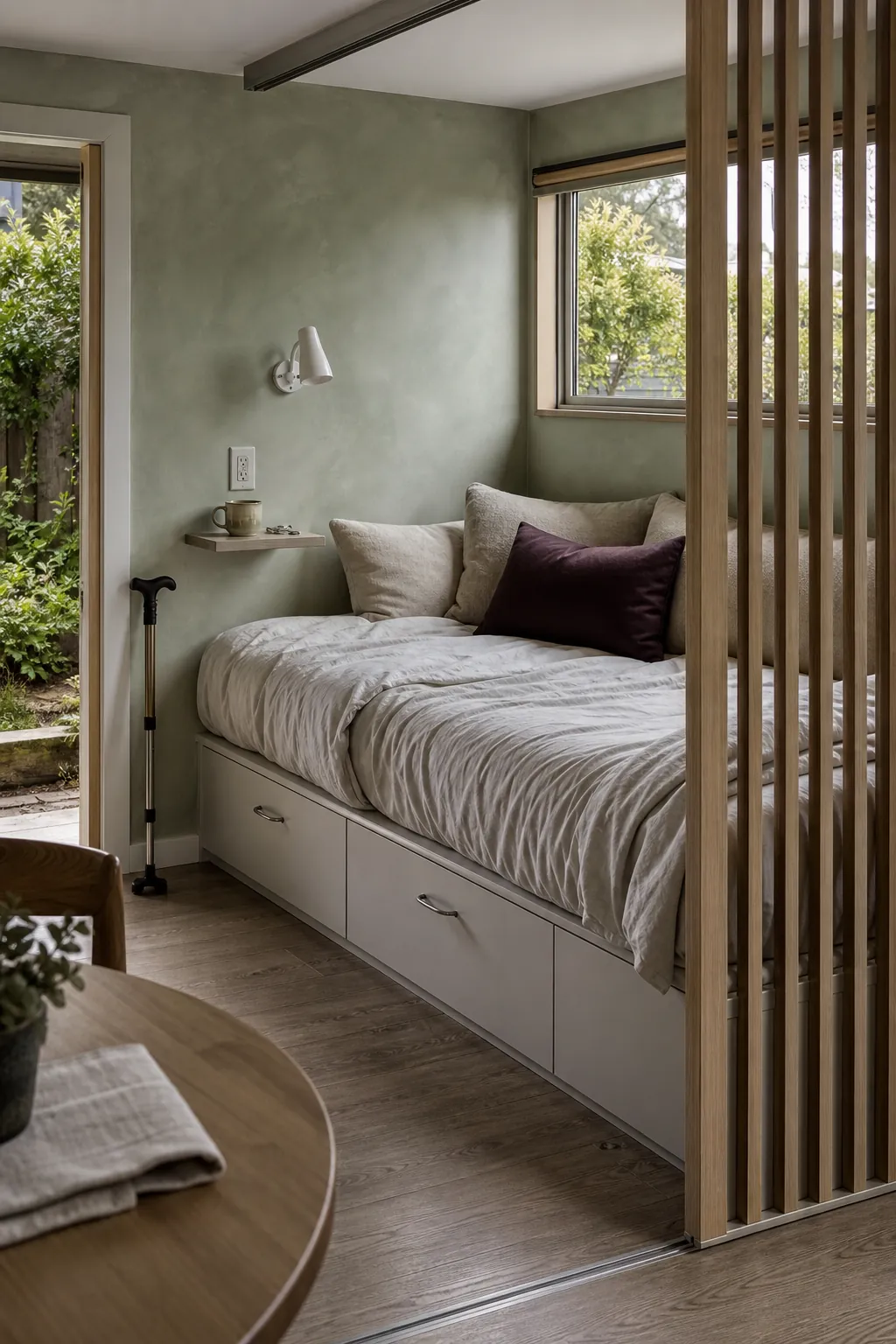 Accessible main-floor bed nook in a very small house with drawer storage