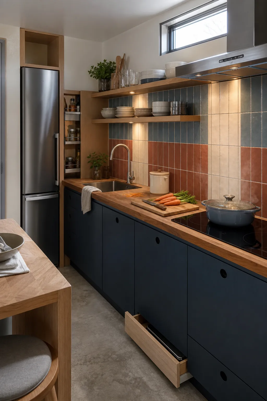 Practical compact tiny house kitchen with a continuous preparation counter