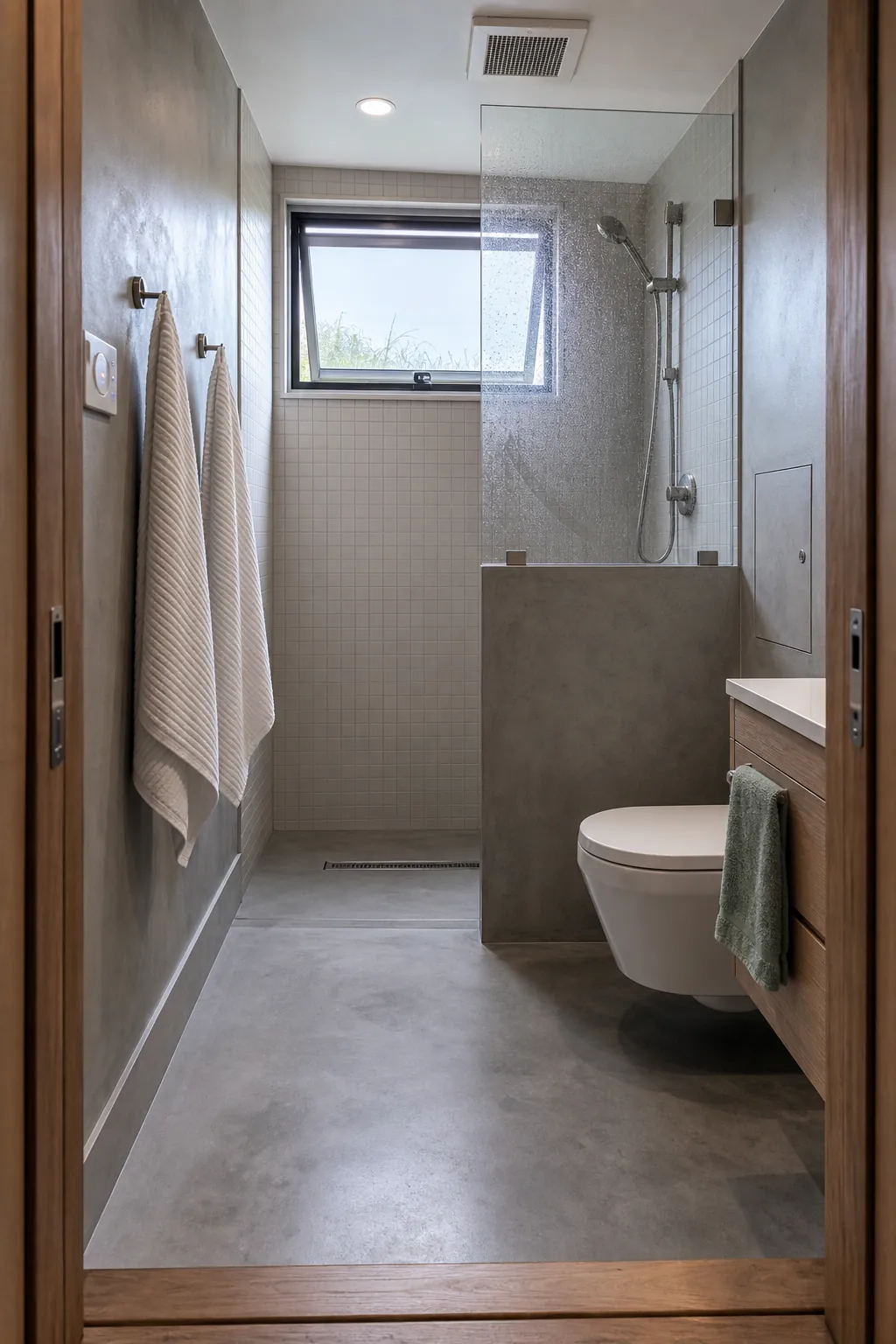 Tiny house bathroom showing an operable window and practical exhaust ventilation