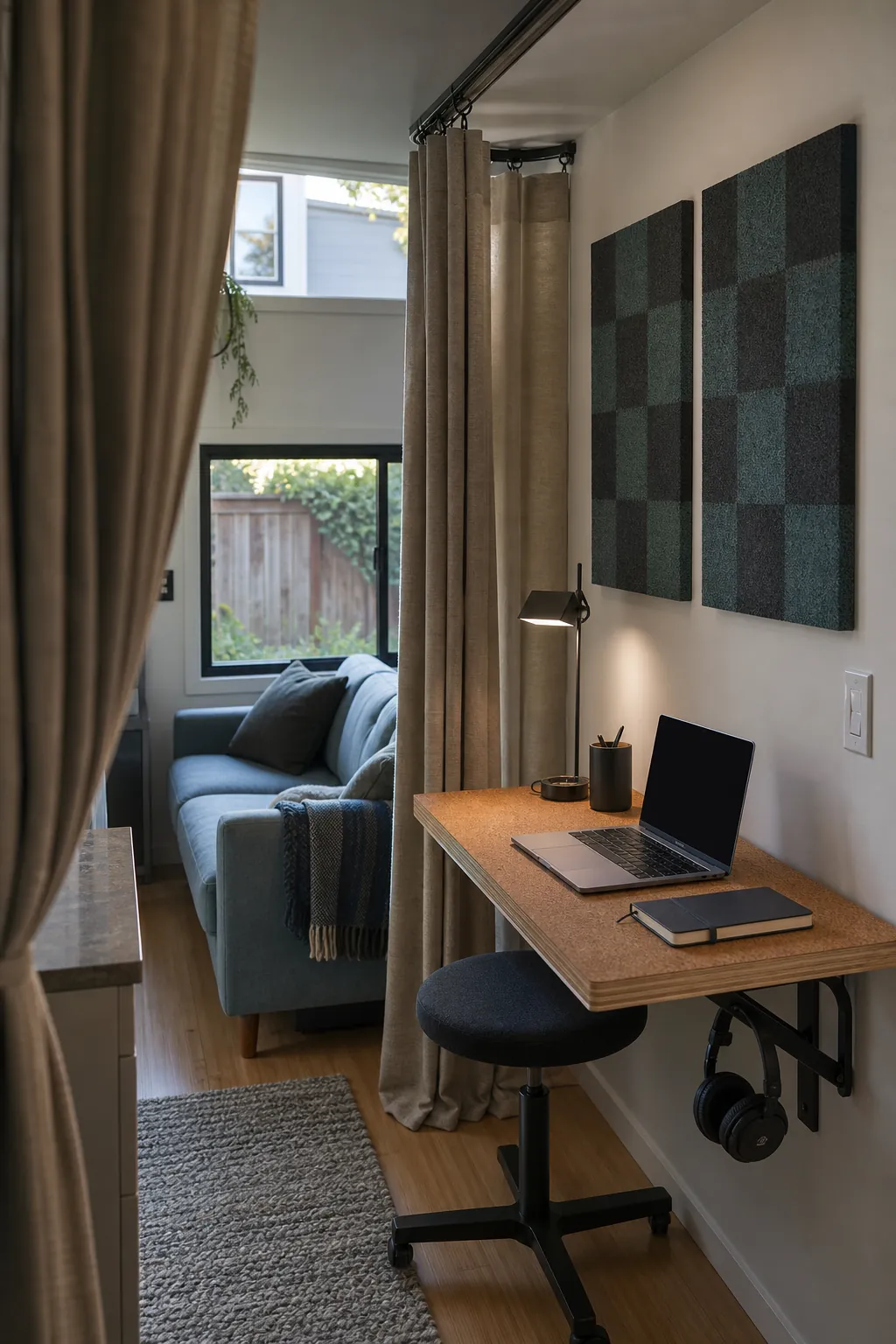 Tiny home living room with a private desk zone and soft room divider