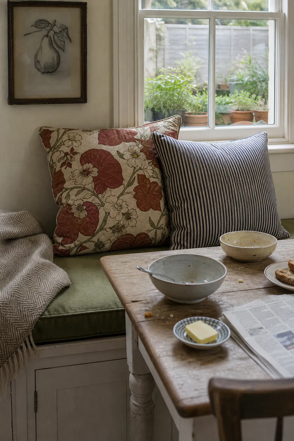 Layered cottage textiles mixing floral, ticking stripe, and woven textures