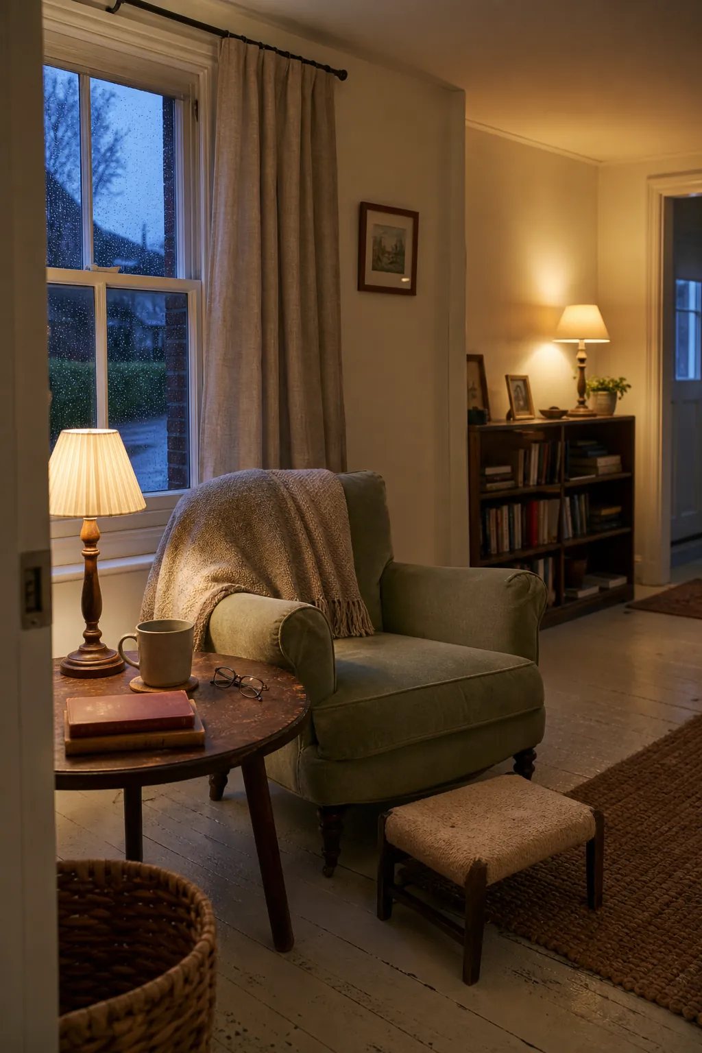 Cozy cottage living room with warm lamps and soft linen curtains
