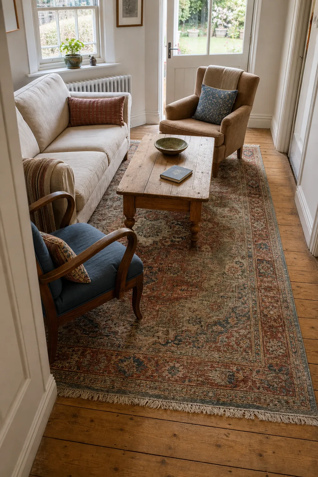 Faded vintage rug anchoring a practical cottage seating area