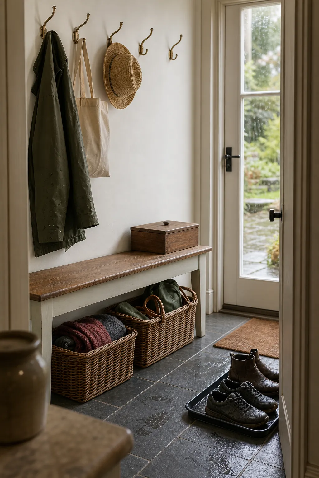Practical cottage entryway storage with baskets, hooks, and a worn bench