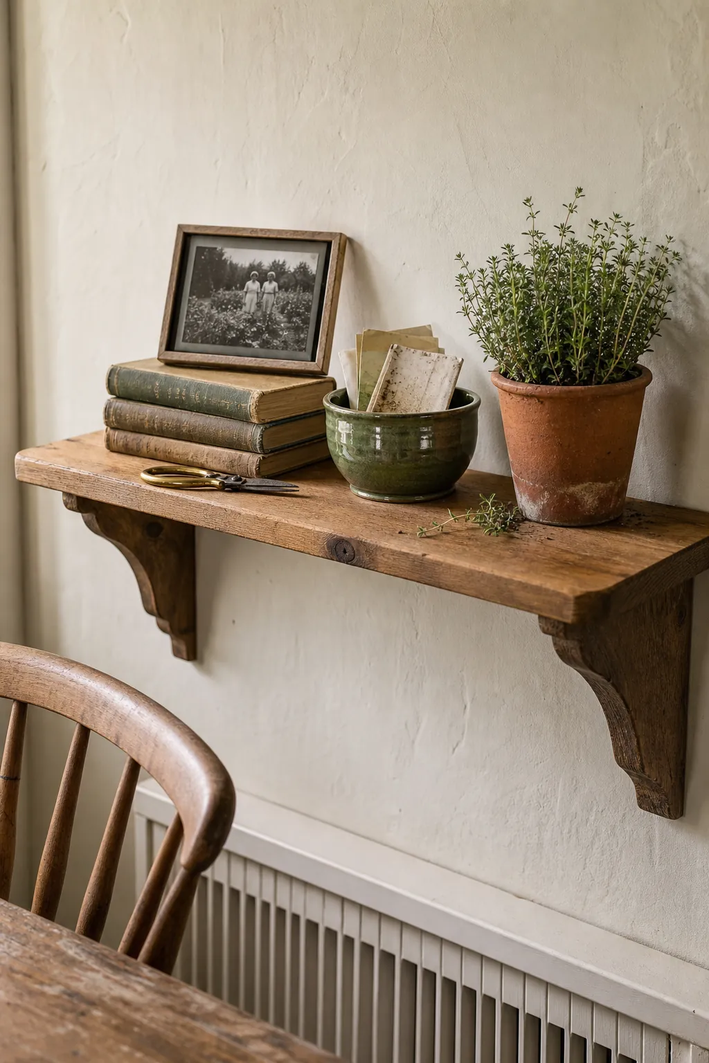 Personal cottage shelf display with books, pottery, and a family photograph