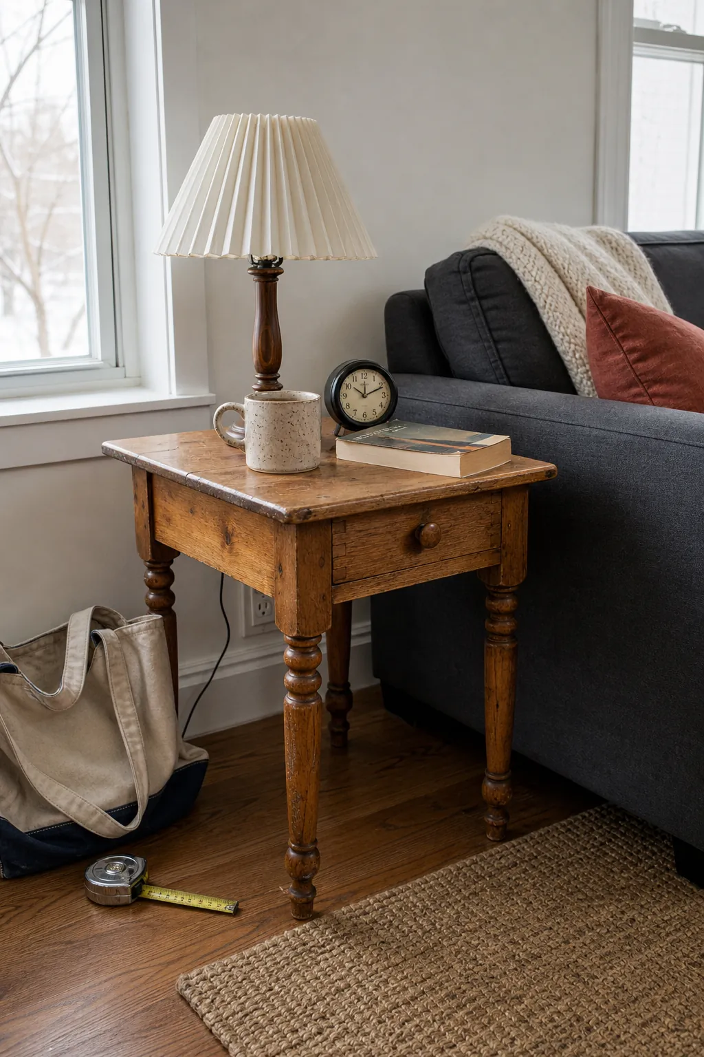 Thrifted wood side table adding warmth beside a modern sofa
