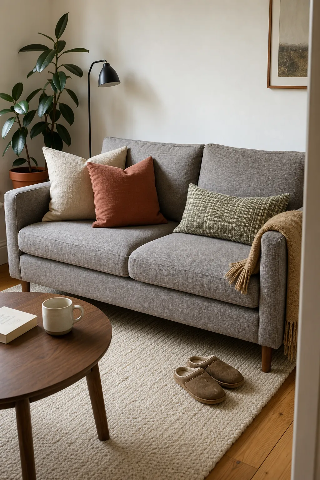 Warm compact living room showing balanced pillow styling on a small sofa
