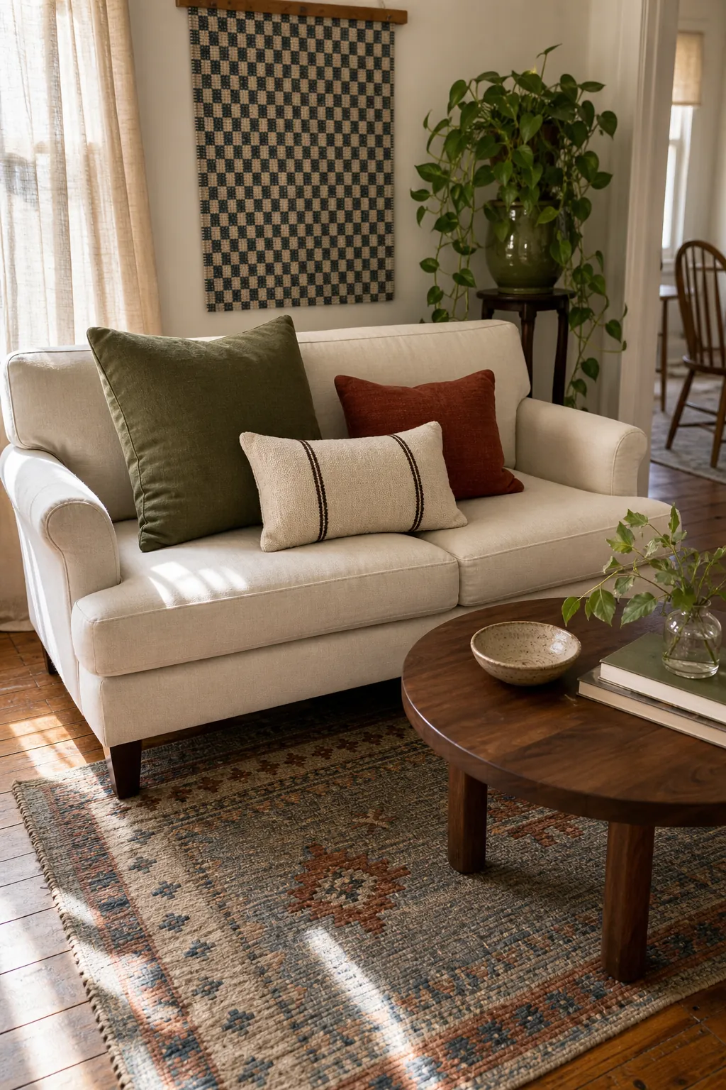 Small living room with sofa pillows repeating warm rust and olive room accents