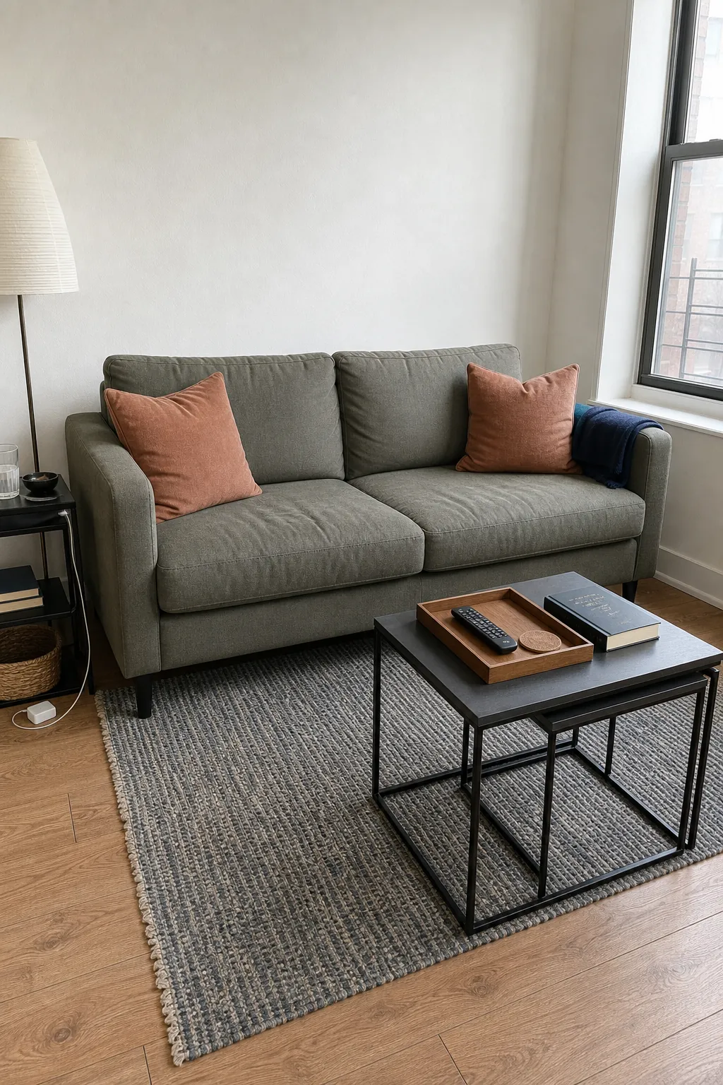 Small sofa styled with two comfortable throw pillows while preserving seating space