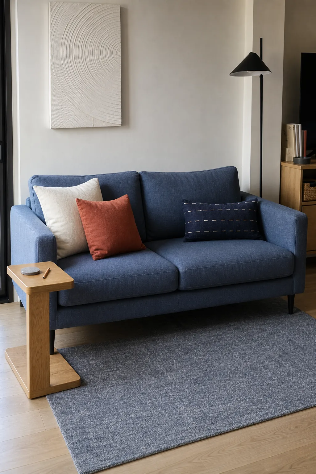 Asymmetrical three-pillow arrangement on a compact apartment sofa