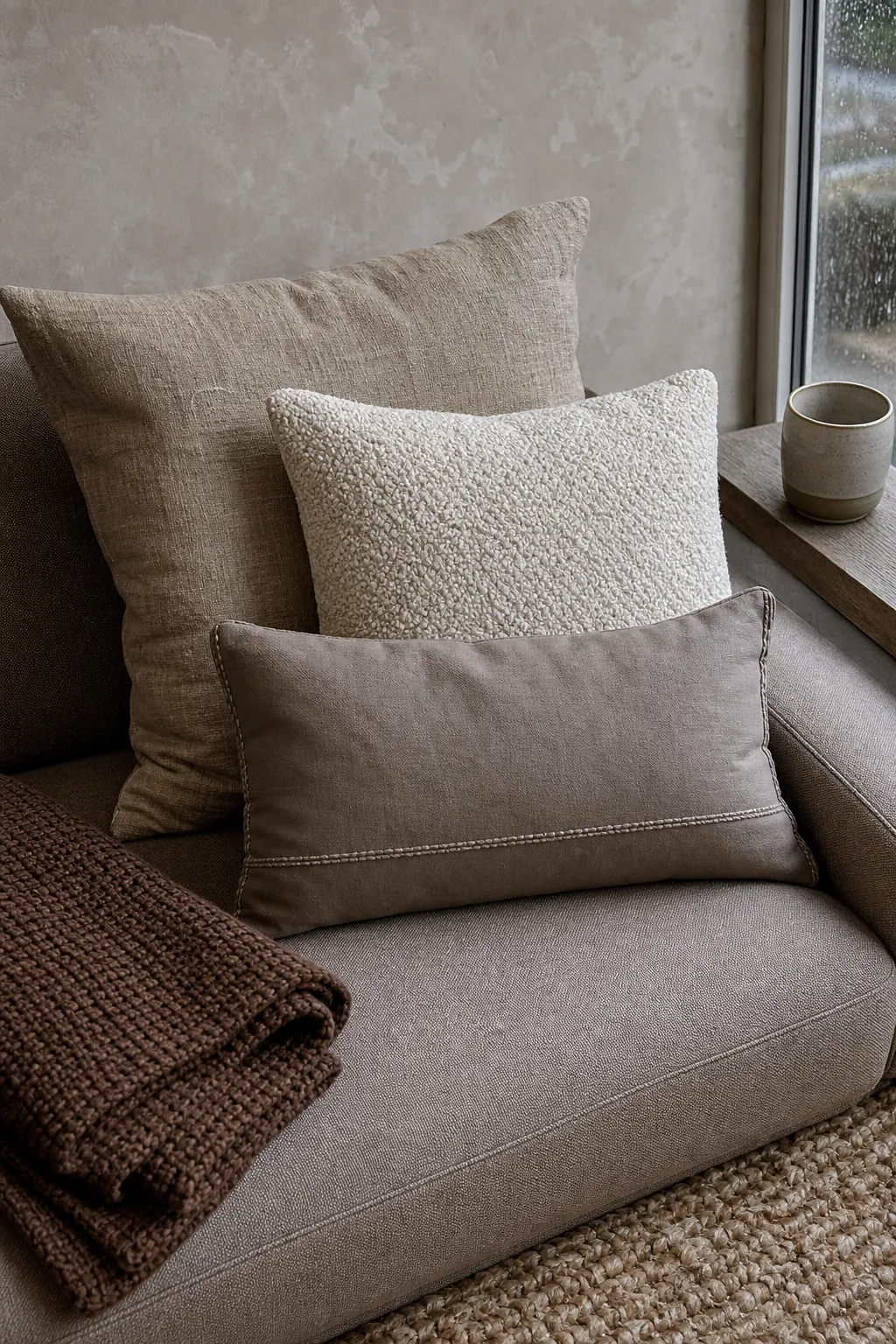 Close view of linen bouclé and woven neutral pillows on a small sofa