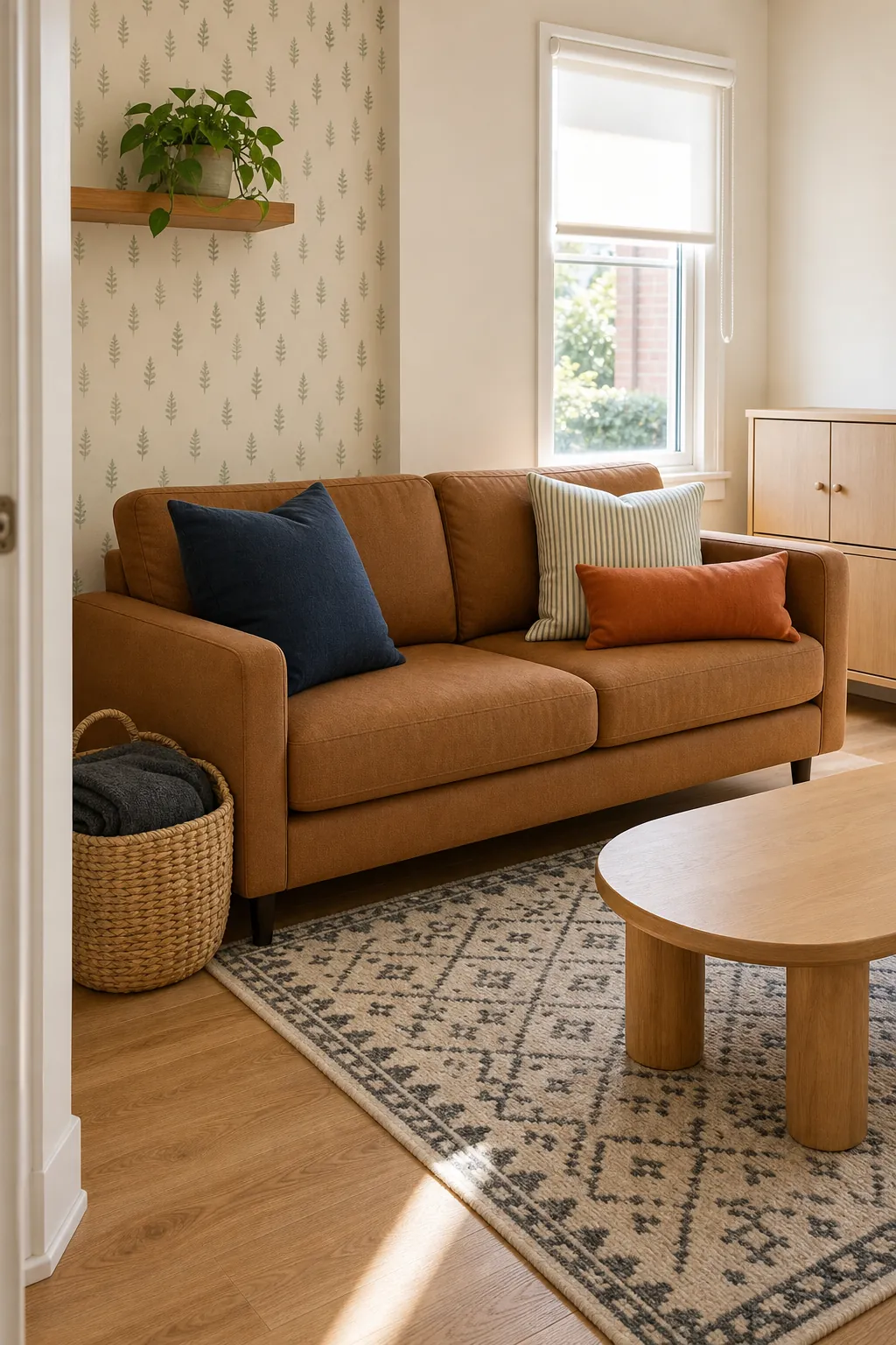 Washable everyday pillow styling in a cozy compact living room