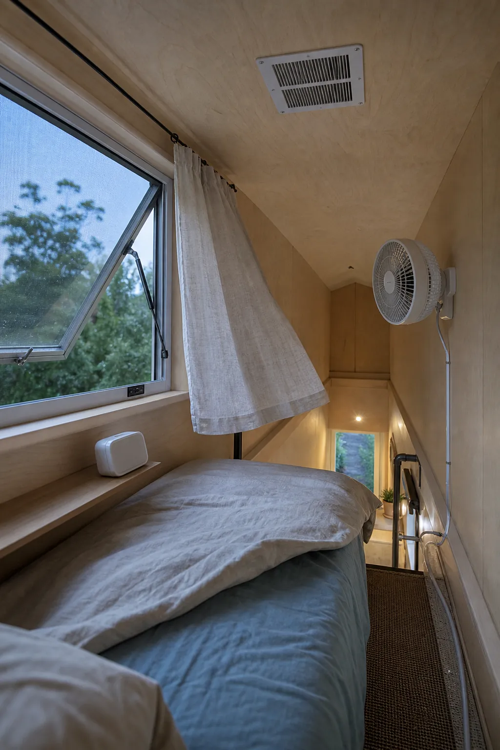 Open loft window and compact fan improving airflow in a tiny house bedroom