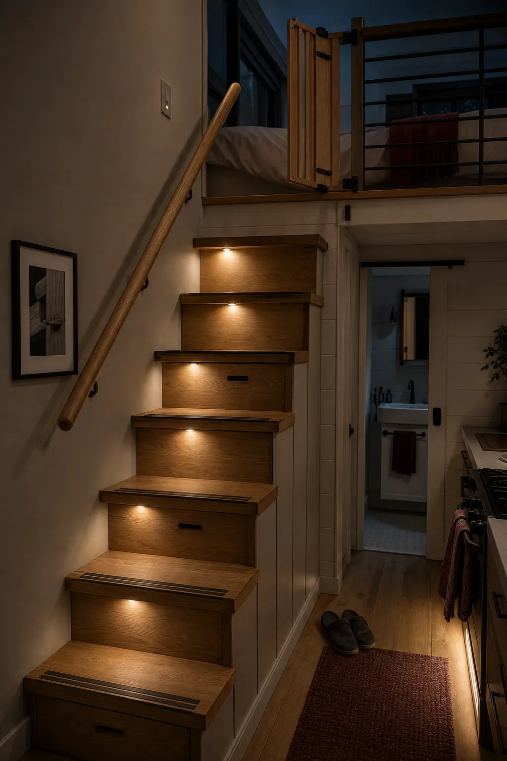 Compact tiny house loft stairs with handrail and gentle nighttime step lighting