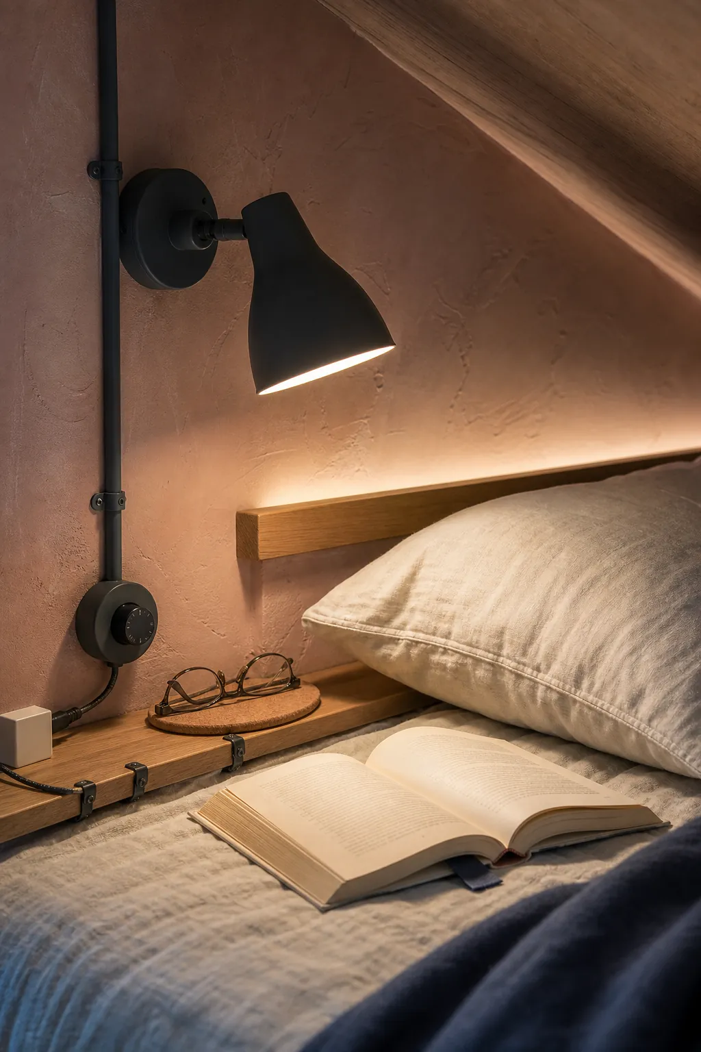 Dimmable wall-mounted reading lights in a warm tiny house loft bedroom