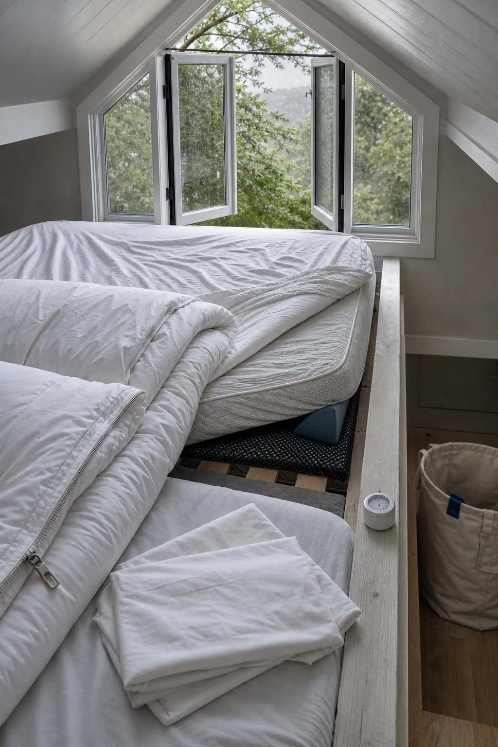 Simple breathable bedding being aired in a bright tiny house loft