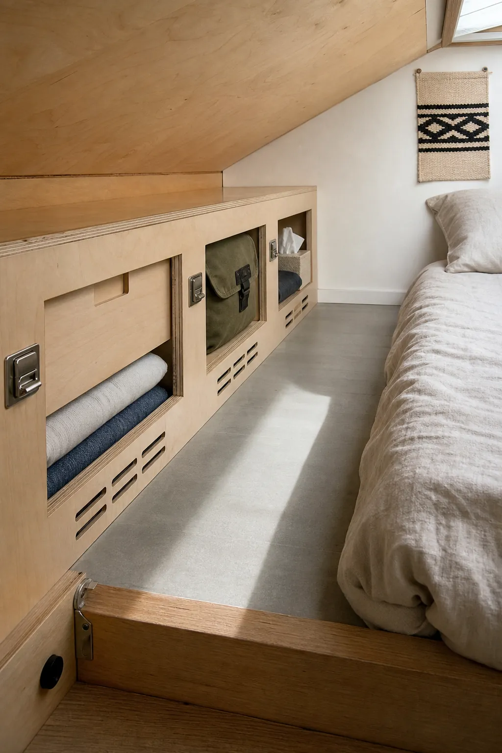 Organized shallow bedside storage in a clutter-free tiny house sleeping loft