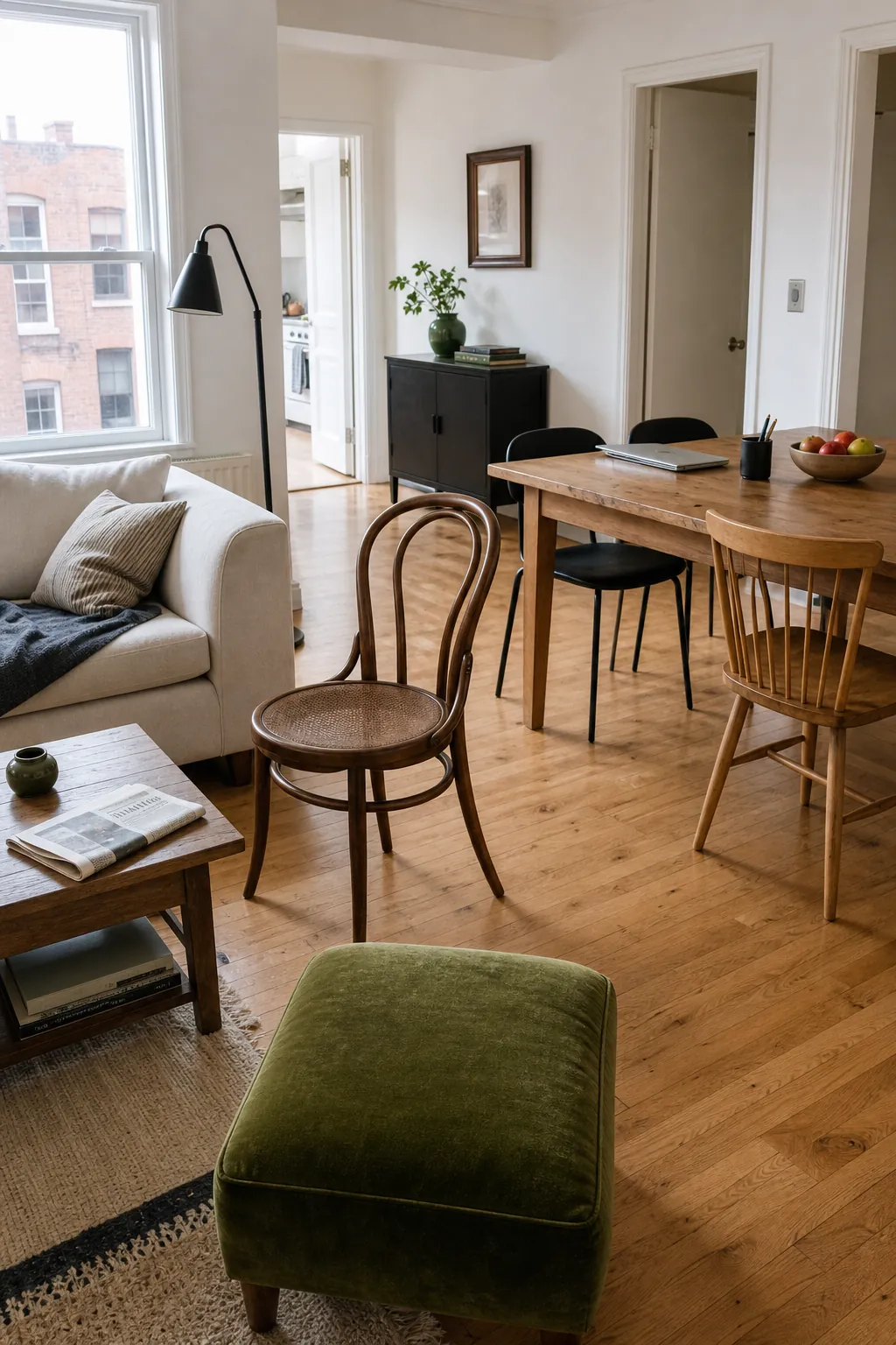Eclectic room using repeated green, warm wood, and black metal accents