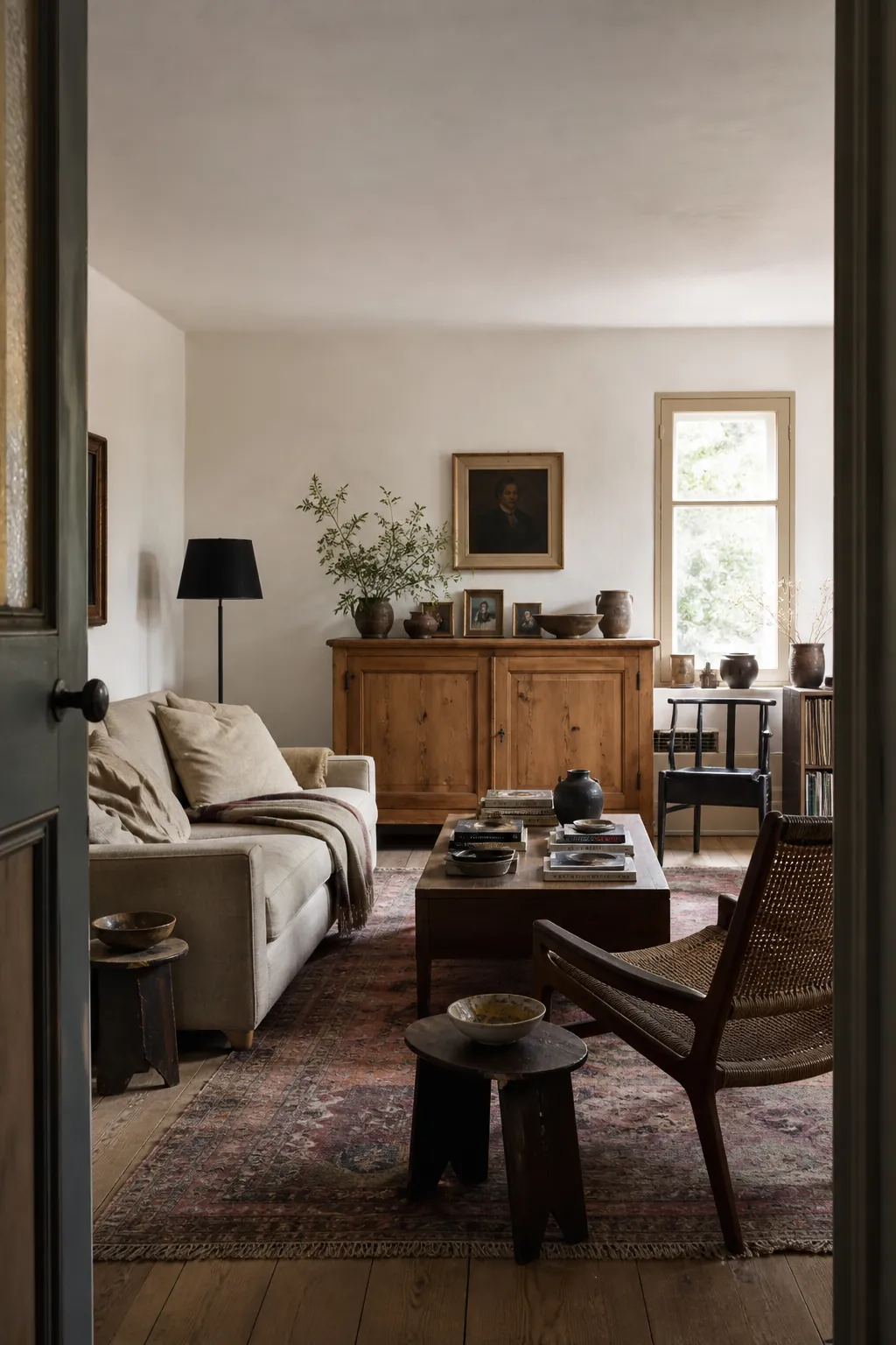 Layered collected living room with personal vintage and modern pieces