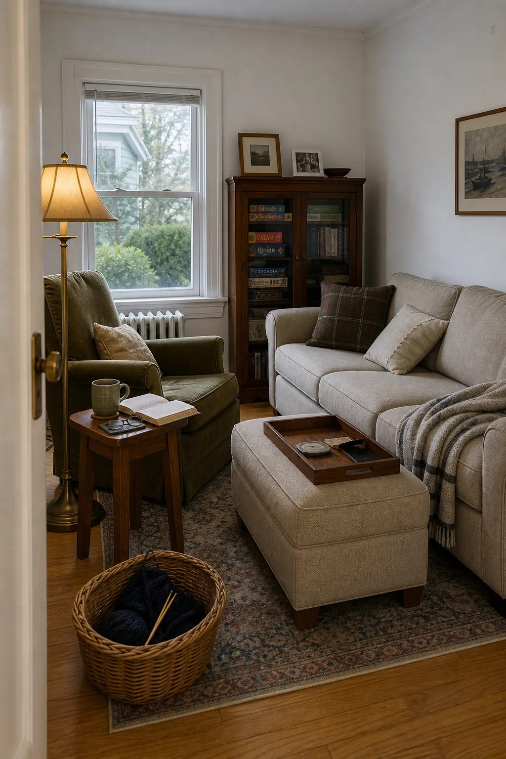 Collected living room arranged around reading, conversation, and daily life