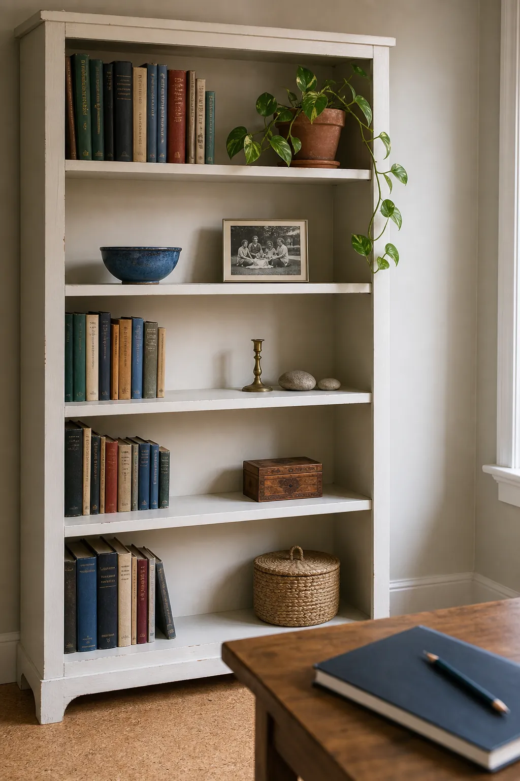 Edited collected bookshelf with meaningful objects and open space