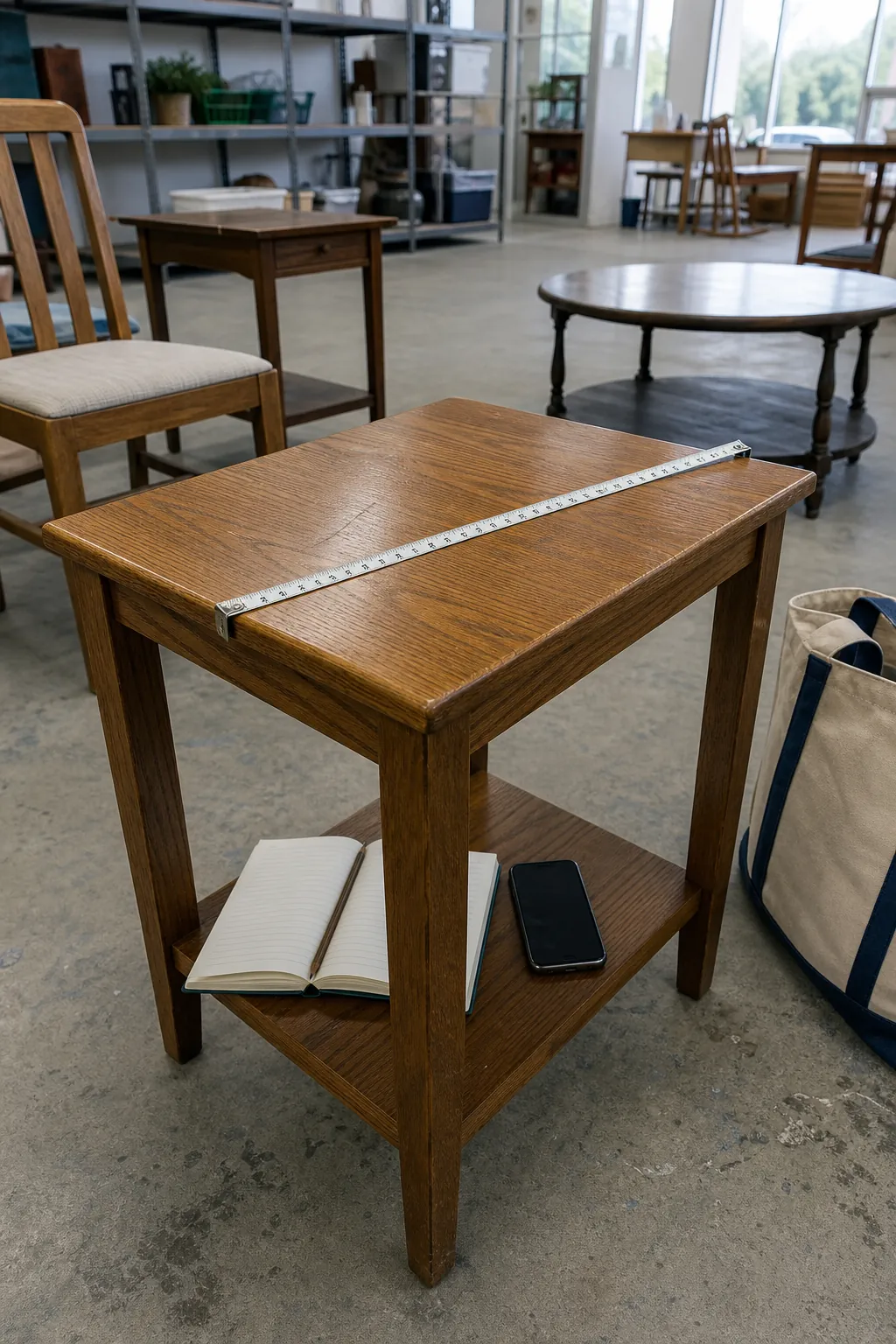 Measured secondhand side table being considered for a collected home
